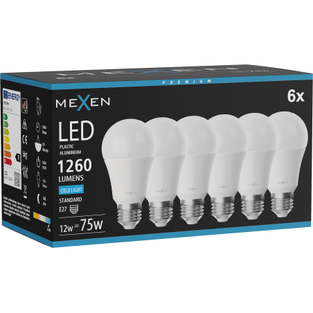 Mexen Nova 6x LED-Glühbirne E27, A60, 12W, Kalt - 6500K, 1260 lm - L100-E27-1265-01x06