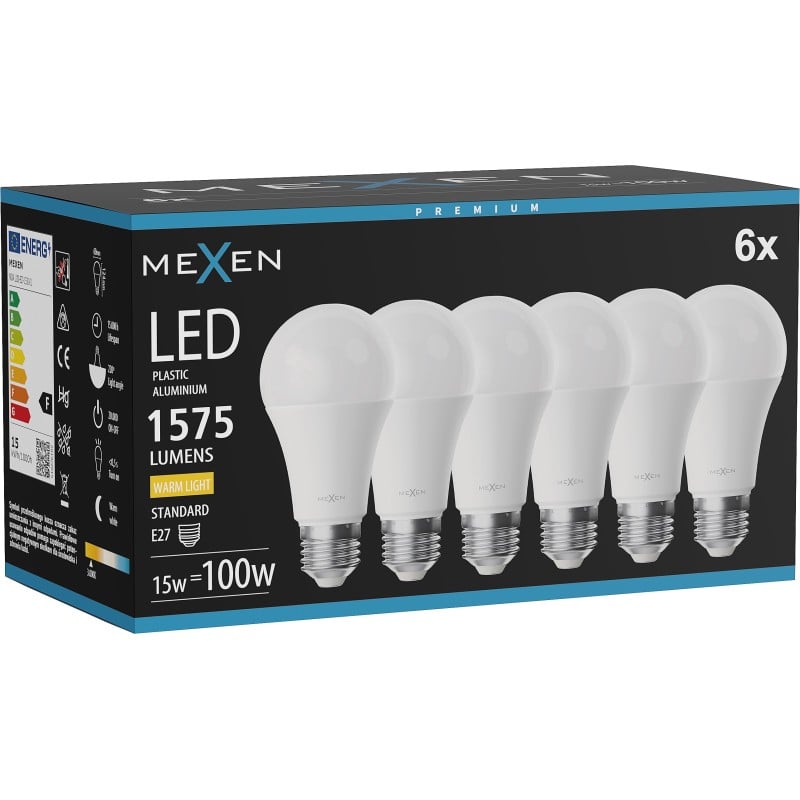 Mexen Nova 6x LED-Lampe E27, A60, 15W, Warm - 3000K, 1575 lm - L100-E27-1530-01x06