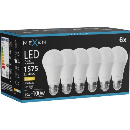 Mexen Nova 6x LED-Lampe E27, A60, 15W, Warm - 3000K, 1575 lm - L100-E27-1530-01x06