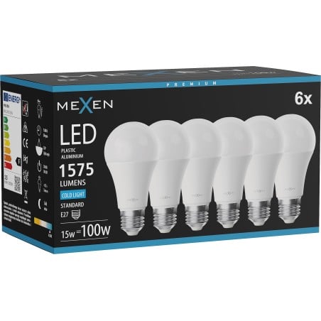 Mexen Nova 6x LED-Glühbirne E27, A60, 15W, Kalt - 6500K, 1575 lm - L100-E27-1565-01x06