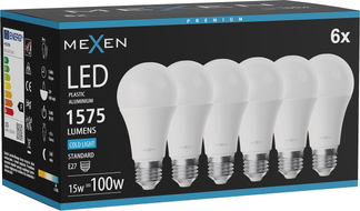 Mexen Nova 6x LED-Glühbirne E27, A60, 15W, Kalt - 6500K, 1575 lm - L100-E27-1565-01x06