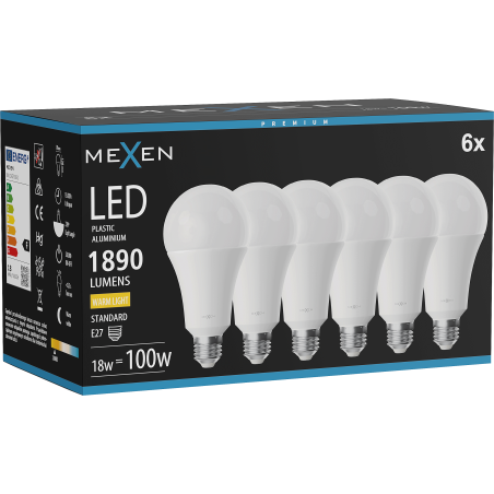 Mexen Nova 6x LED-Glühbirne E27, A70, 18W, Warm - 3000K, 1890 lm - L100-E27-1830-01x06