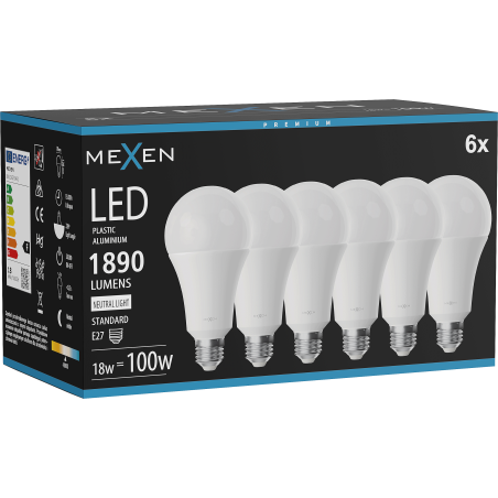 Mexen Nova 6x LED-Glühbirne E27, A70, 18W, Neutral - 4000K, 1890 lm - L100-E27-1840-01x06