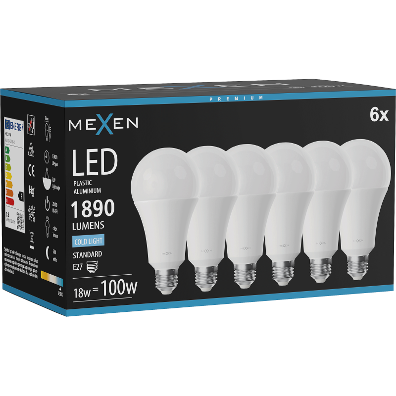 Mexen Nova 6x LED-Glühbirne E27, A70, 18W, Kaltweiß - 6500K, 1890 lm - L100-E27-1865-01x06