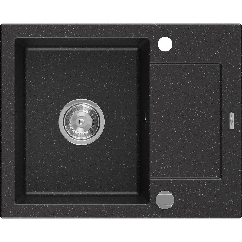 Mexen Enzo Granitspüle 1-beckig mit Abtropffläche 576 x 465 mm, schwarz/silber Metallic, Chromsiphon - 6506571005-73