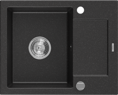 Mexen Enzo Granitspüle 1-becken mit Abtropffläche 576 x 465 mm, schwarz/silber-metallic, Siphon chrom - 6506571005-73