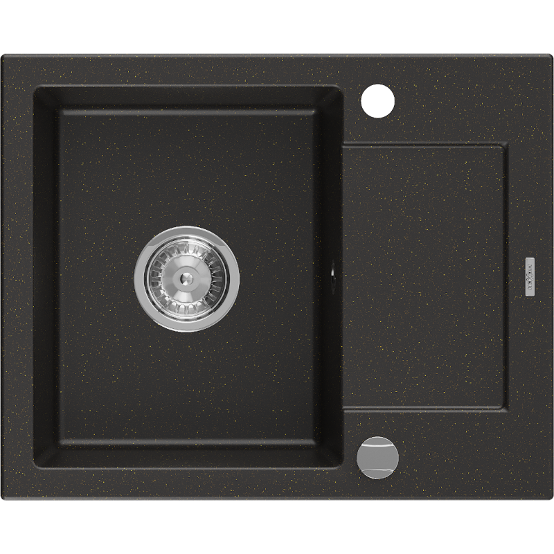 Mexen Enzo Granitspüle 1-Kammer mit Abtropffläche 576 x 465 mm, schwarz/gold metallic, Siphon Chrom - 6506571005-75