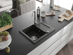 Mexen Enzo Granitspüle ein Becken mit Abtropffläche 576 x 465 mm, schwarz/gold-metallic, Siphon Chrom - 6506571005-75