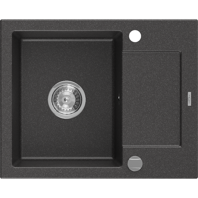 Mexen Enzo Granitspüle 1-beckig mit Abtropffläche 576 x 465 mm, gesprenkelt schwarz, Chrom-Siphon - 6506571005-76