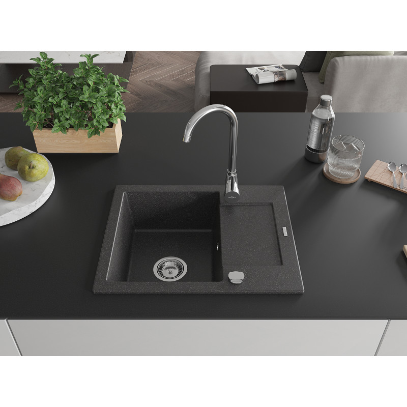 Mexen Enzo Granitspüle 1-beckig mit Abtropffläche 576 x 465 mm, gesprenkelt schwarz, Chrom-Siphon - 6506571005-76