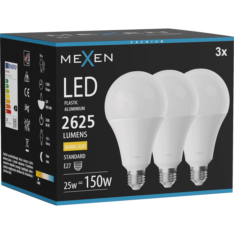 Mexen Nova 3x LED-Lampe E27, A95, 25W, Warm - 3000K, 2625 lm - L100-E27-2530-01x03
