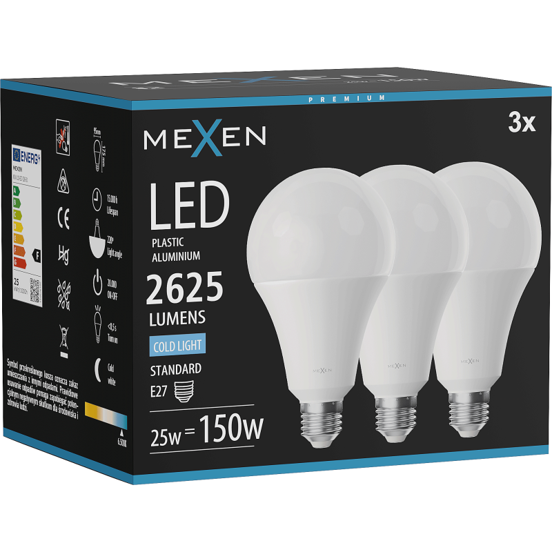 Mexen Nova 3x LED-Glühbirne E27, A95, 25W, Kalt - 6500K, 2625 lm - L100-E27-2565-01x03