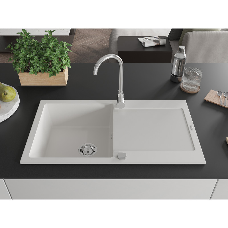 Mexen Leo Granitspüle 1-beckig mit Abtropffläche 900 x 500 mm, weiß, Siphon Chrom - 6501901010-20