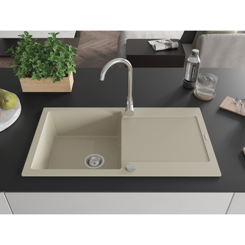 Mexen Leo Granitspüle 1-Becken mit Abtropffläche 900 x 500 mm, beige, Chrom-Siphon - 6501901010-69