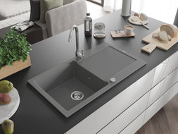 Mexen Leo Granitspüle 1-beckig mit Abtropffläche 900 x 500 mm, grau, Siphon Chrom - 6501901010-71