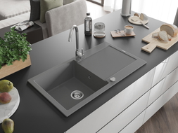 Mexen Leo Granitspüle einbeckig mit Abtropffläche 900 x 500 mm, grau, Siphon Chrom - 6501901010-71