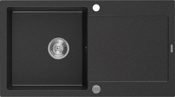 Mexen Leo granitspüle 1-becken mit abtropffläche 900 x 500 mm, schwarz/silber metallic, siphon chrom - 6501901010-73