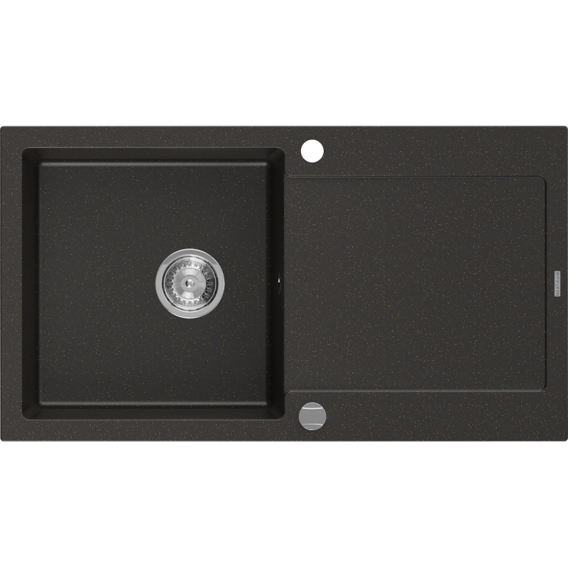 Mexen Leo Granitspüle 1-Becken mit Abtropffläche 900 x 500 mm, schwarz/goldmetallik, Siphon Chrom - 6501901010-75
