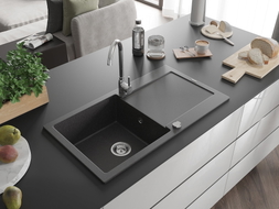 Mexen Leo Granitspüle 1-Becken mit Abtropffläche 900 x 500 mm, schwarz gesprenkelt, Siphon Chrom - 6501901010-76