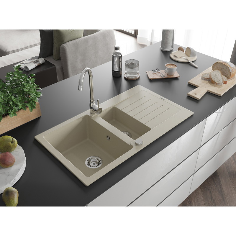 Mexen Matias Granitspüle 1,5-beckig mit Abtropffläche 900 x 505 mm, beige, Siphon Chrom - 6502901505-69