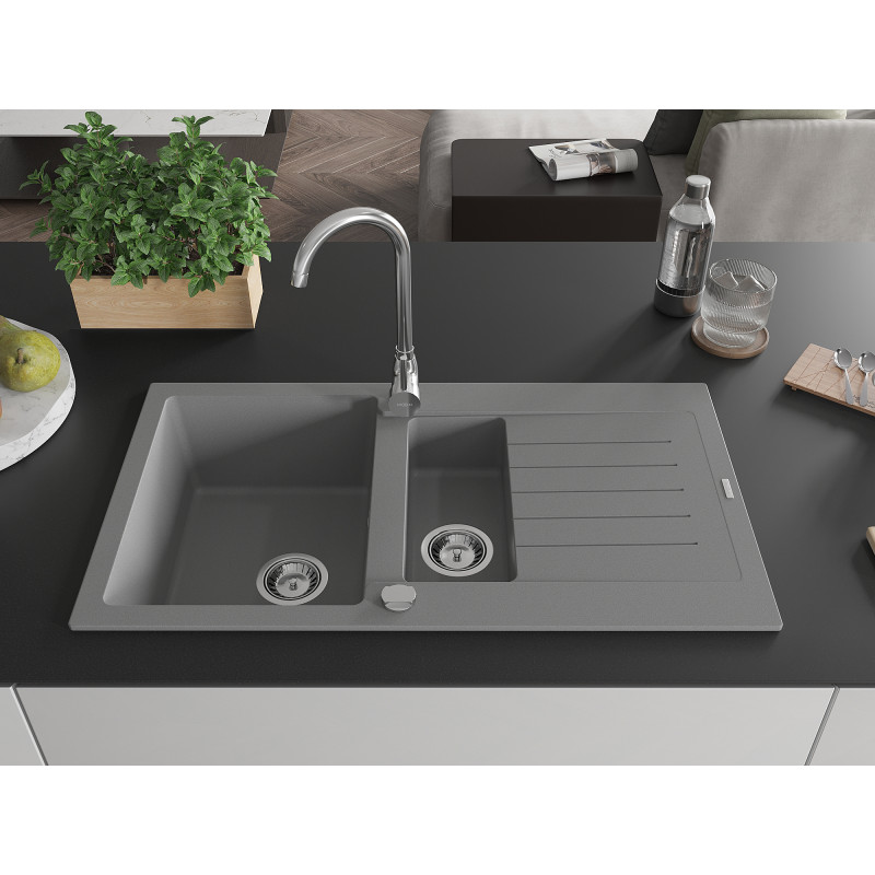 Mexen Matias Granitspüle 1,5-beckig mit Ablage 900 x 505 mm, grau, Siphon chrom - 6502901505-71