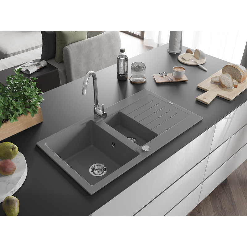 Mexen Matias Granitspüle 1,5-beckig mit Ablage 900 x 505 mm, grau, Siphon chrom - 6502901505-71