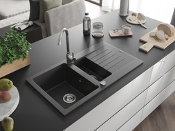 Mexen Matias Granitspüle 1,5-fach mit Abtropffläche 900 x 505 mm, schwarz gesprenkelt, Chrom-Siphon - 6502901505-76