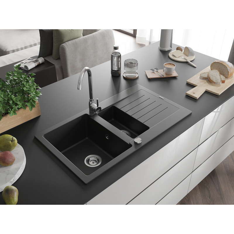 Mexen Matias Granitspüle 1,5-beckig mit Abtropffläche 900 x 505 mm, schwarz, Chrom-Siphon - 6502901505-77