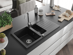 Mexen Matias 1,5-Becken-Granitspüle mit kurzer Abtropffläche 900 x 505 mm, Schwarz - 6502901505-77