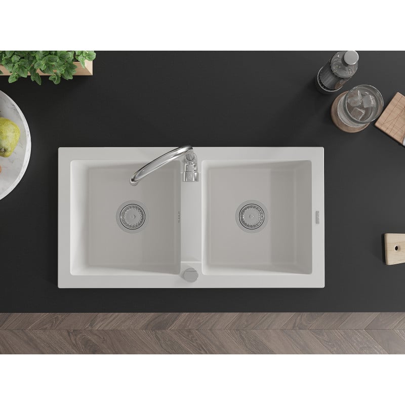 Mexen Mario Granitspüle 2-Kammer 820 x 436 mm, weiß, chrom Siphon - 6504822000-20