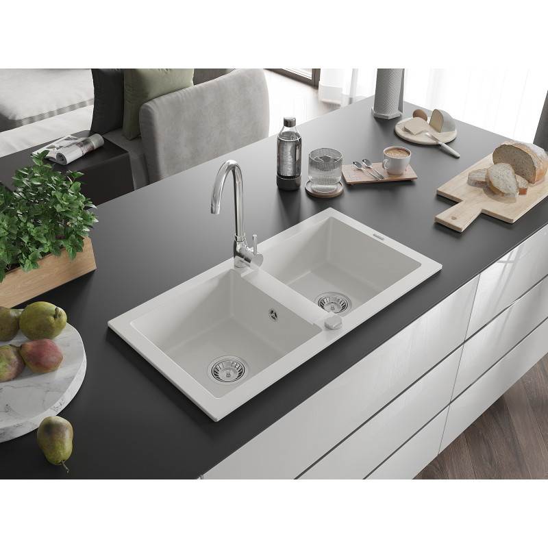 Mexen Mario Granitspüle 2-Kammer 820 x 436 mm, weiß, chrom Siphon - 6504822000-20