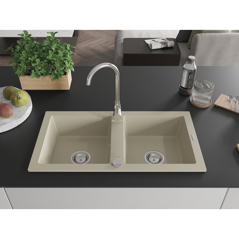 Mexen Mario Granitspüle, 2 Becken, 820 x 436 mm, beige, Siphon verchromt - 6504822000-69
