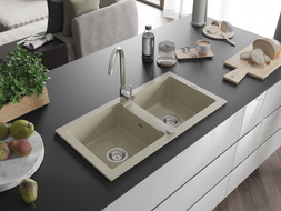 Mexen Mario Granitspüle, 2 Becken, 820 x 436 mm, beige, Siphon verchromt - 6504822000-69