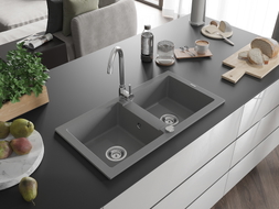 Mexen Mario Granitspüle 2-Kammer 820 x 436 mm, grau, Siphon Chrom - 6504822000-71