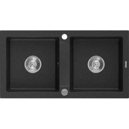Mexen Mario 2-Kammer Granitspüle 820 x 436 mm, schwarz/silber metallic, Chromsiphon - 6504822000-73