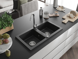 Mexen Mario Granitspüle 2-Kammer 820 x 436 mm, schwarz/silber metallic, Siphon chrom - 6504822000-73