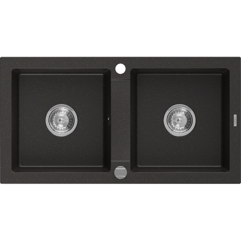Mexen Mario Granitspüle 2–fach 820 x 436 mm, schwarz/gold metallic, Ablaufgarnitur chrom - 6504822000-75