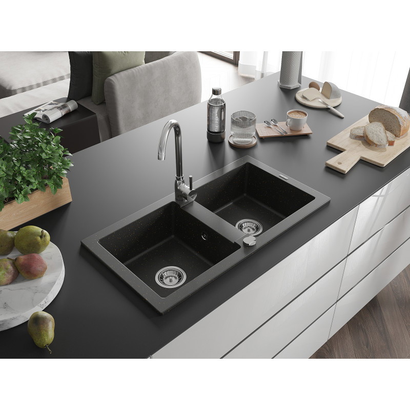 Mexen Mario Granitspüle 2–fach 820 x 436 mm, schwarz/gold metallic, Ablaufgarnitur chrom - 6504822000-75