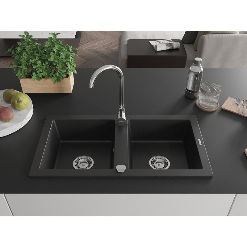 Mexen Mario Granitspüle 2-Becken 820 x 436 mm, schwarz, Siphon Chrom - 6504822000-77
