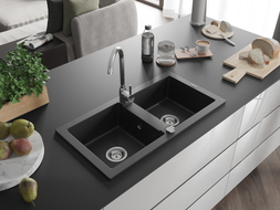 Mexen Mario Granitspüle 2-Becken 820 x 436 mm, schwarz, Siphon Chrom - 6504822000-77
