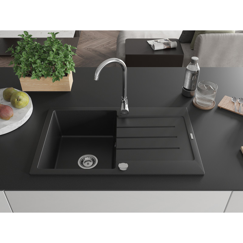 Mexen Bruno Granitspüle 1-becken mit Abtropffläche 795 x 495 mm, schwarz, Siphon chrom - 6513791010-77