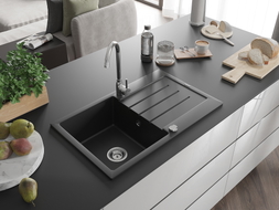 Mexen Bruno Granitspüle 1-becken mit Abtropffläche 795 x 495 mm, schwarz, Siphon chrom - 6513791010-77