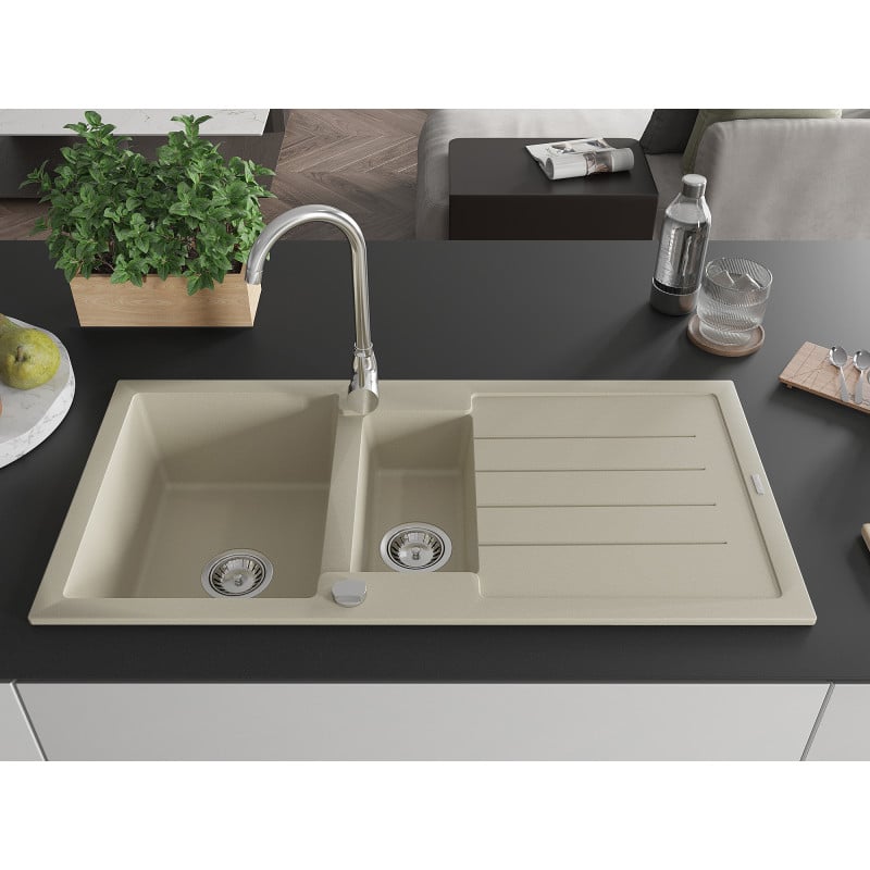 Mexen Andres Granitspüle 1,5 Becken mit Abtropffläche 1000 x 500 mm, beige, Siphon Chrom - 6515101510-69