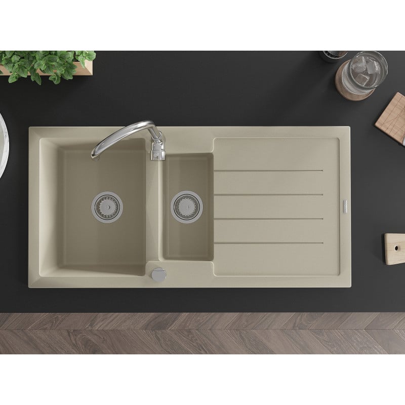 Mexen Andres Granitspüle 1,5 Becken mit Abtropffläche 1000 x 500 mm, beige, Siphon Chrom - 6515101510-69