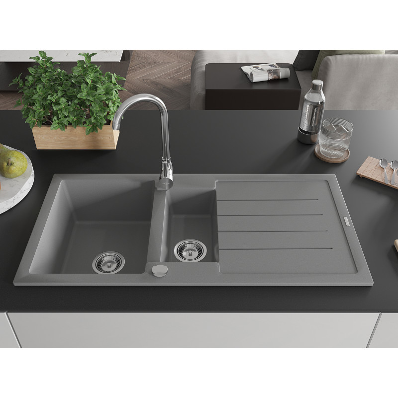 Mexen Andres 1,5-Kammer Granitspüle mit Abtropffläche 1000 x 500 mm, grau, Chrom-Siphon - 6515101510-71