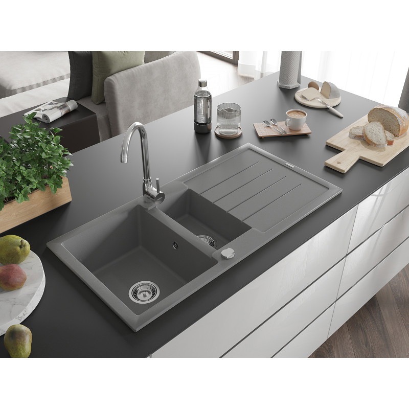 Mexen Andres 1,5-Kammer Granitspüle mit Abtropffläche 1000 x 500 mm, grau, Chrom-Siphon - 6515101510-71