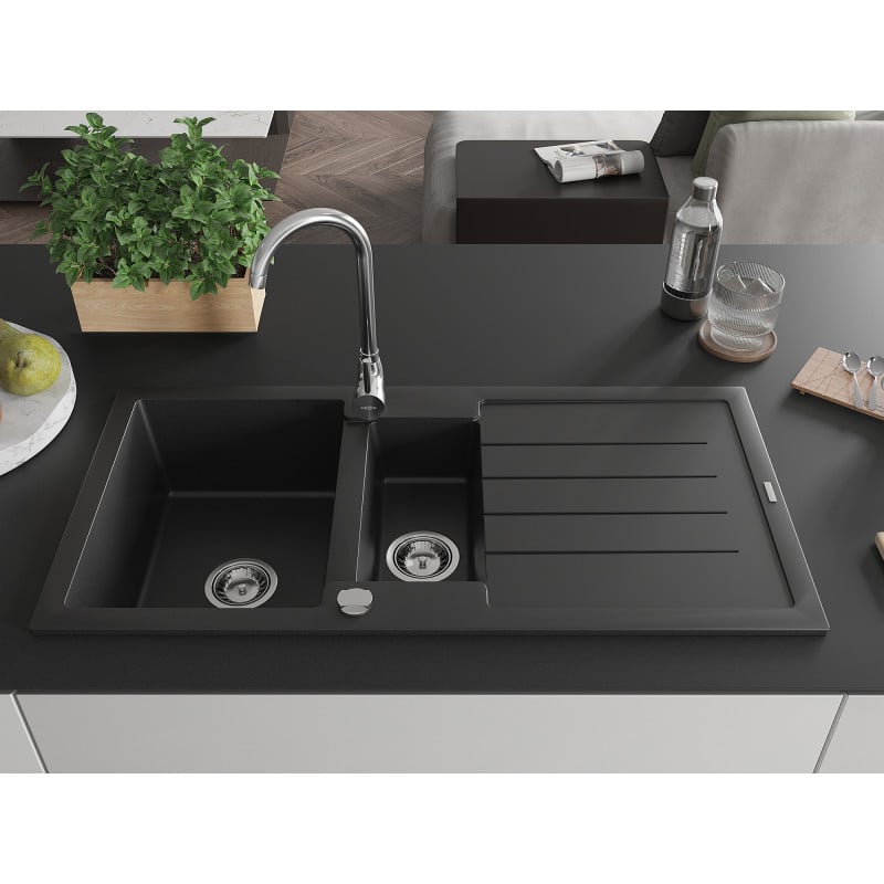 Mexen Andres Granitspüle 1,5-Becken mit Abtropffläche 1000 x 500 mm, schwarz, Siphon Chrom - 6515101510-77