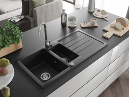 Mexen Andres 1,5-Becken-Granitspüle mit Abtropffläche 1000 x 500 mm, Schwarz - 6515101510-77