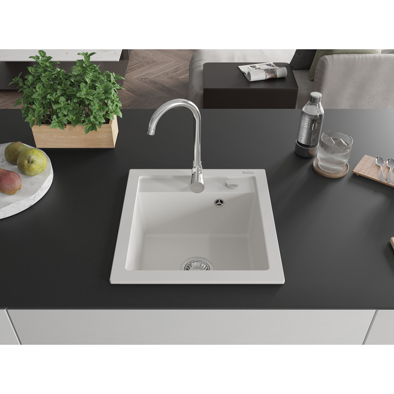 Mexen Vito Granitspüle 1-Becken 520 x 490 mm, weiß, Siphon Chrom - 6503521000-20