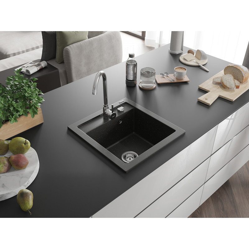 Mexen Vito Granitspüle 1-Becken 520 x 490 mm, schwarz/gold metallic, Chromsiphon - 6503521000-75